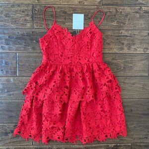 Endless Rose Lace Tiered Red Mini Dress Women's Small Wedding Guest Event